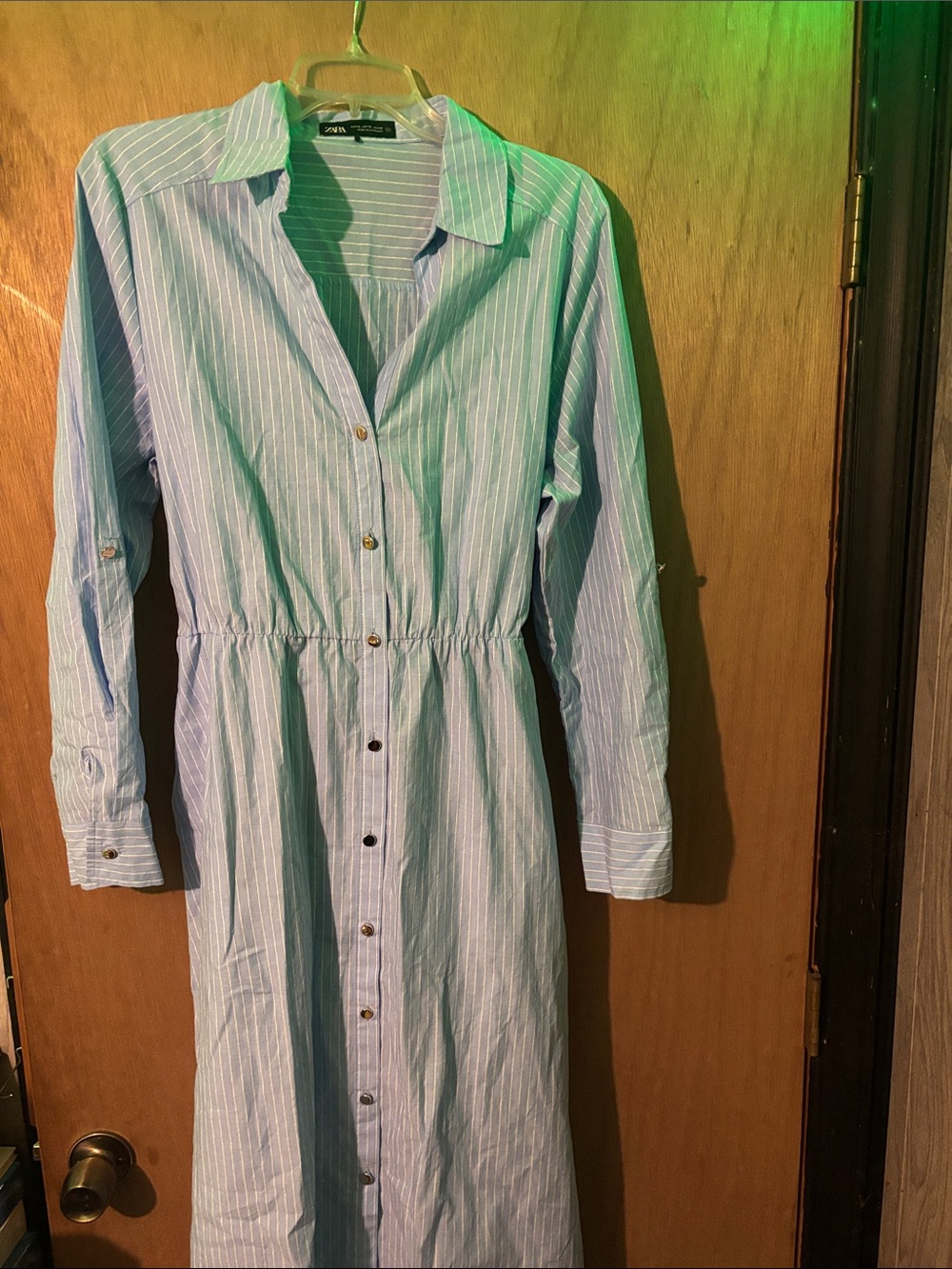 Zara Light Blue and White Striped Long-Sleeve Button Maxi Dress
